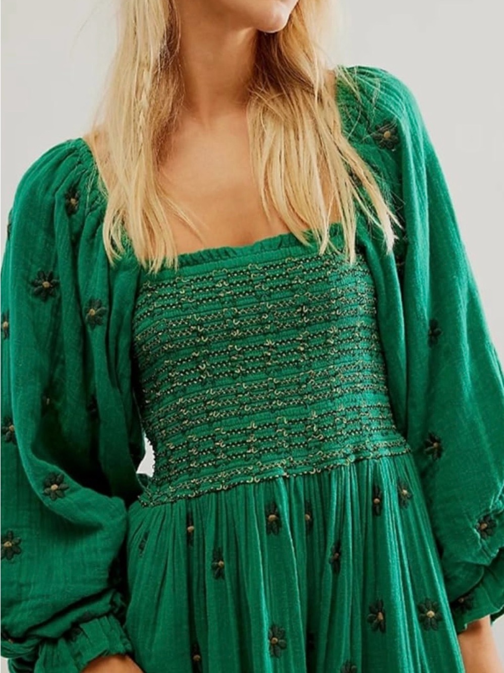 Floral Embroidered Long Balloon Sleeve Smocked Midi Maxi Dress Sz L Boho Green - Picture 2 of 5